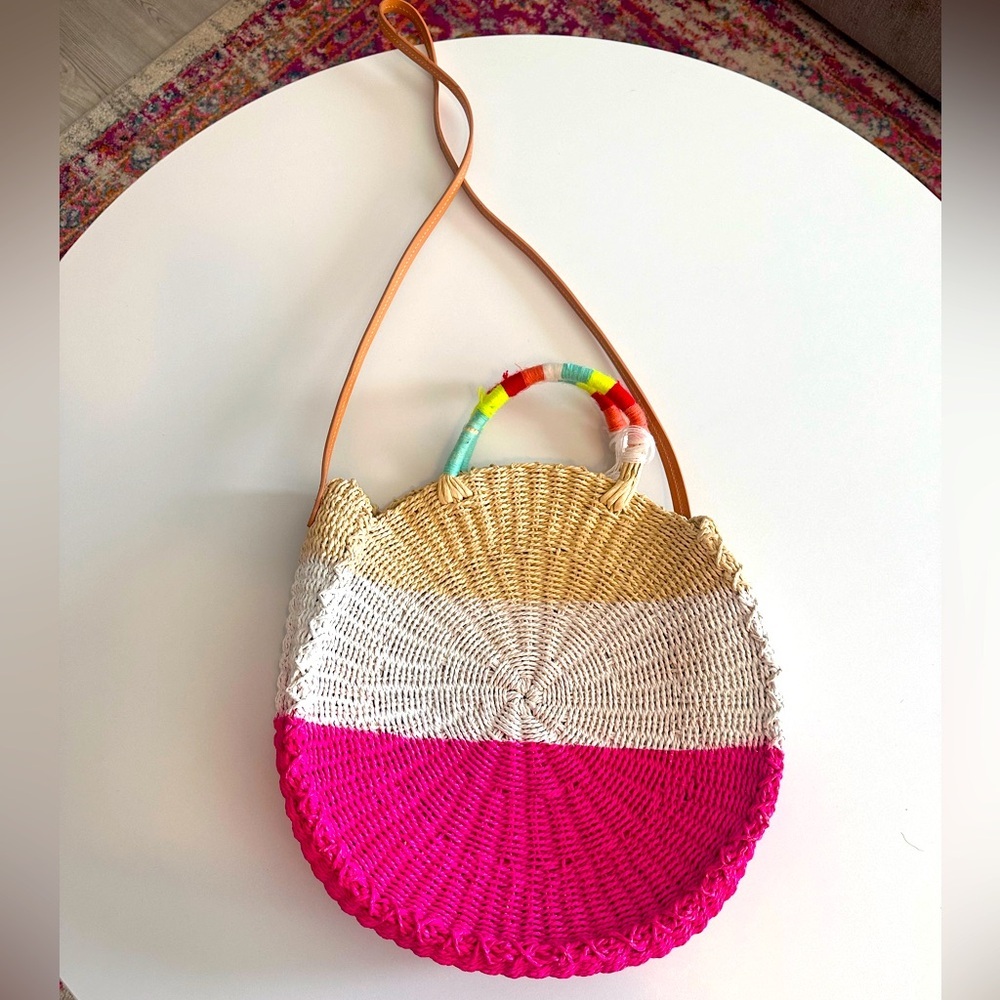 J. Crew Pink and White Rattan Purse